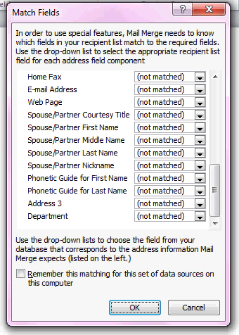 match fields dialog box